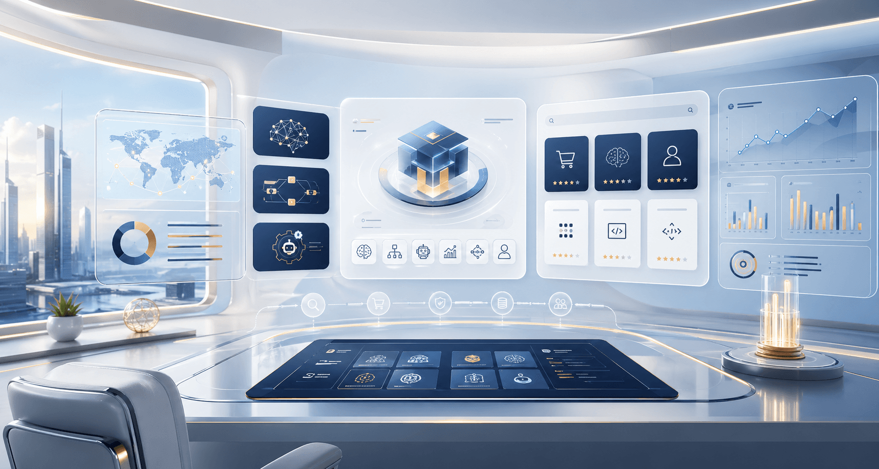 Premium AI marketplace command center with tools, analytics, and automation dashboards