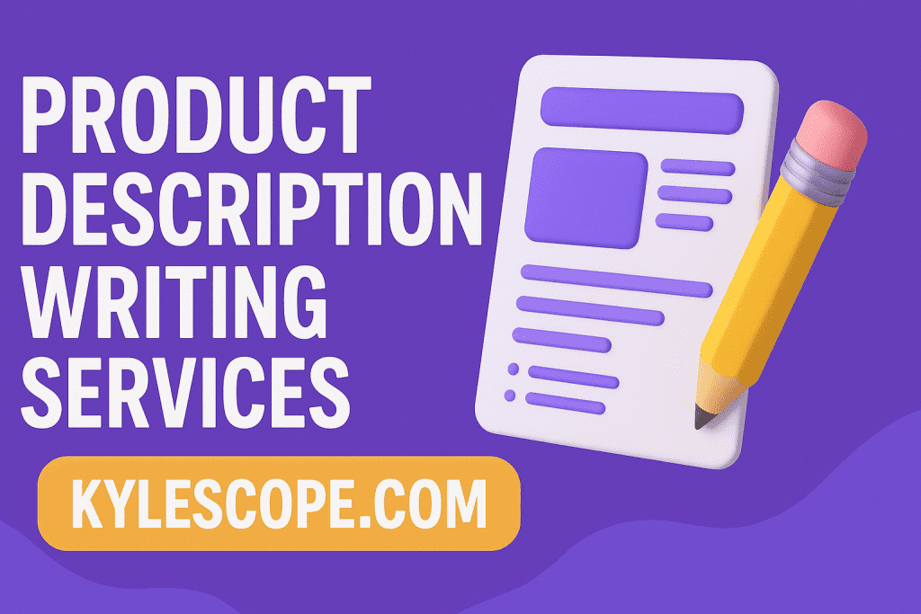 3D banner promoting product description writing services by Kylescope.com with bold headline, document and pencil illustration, and call-to-action for e-commerce sellers