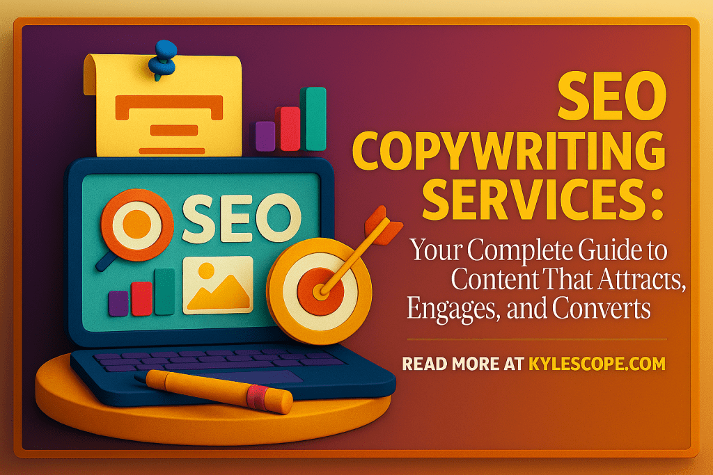3D promotional banner for “SEO Copywriting Writing Services” featuring a laptop with SEO elements, magnifying glass, charts, target with arrow, and writing tools, highlighting Kylescope.com as a trusted provider of optimized, conversion-focused content solutions.