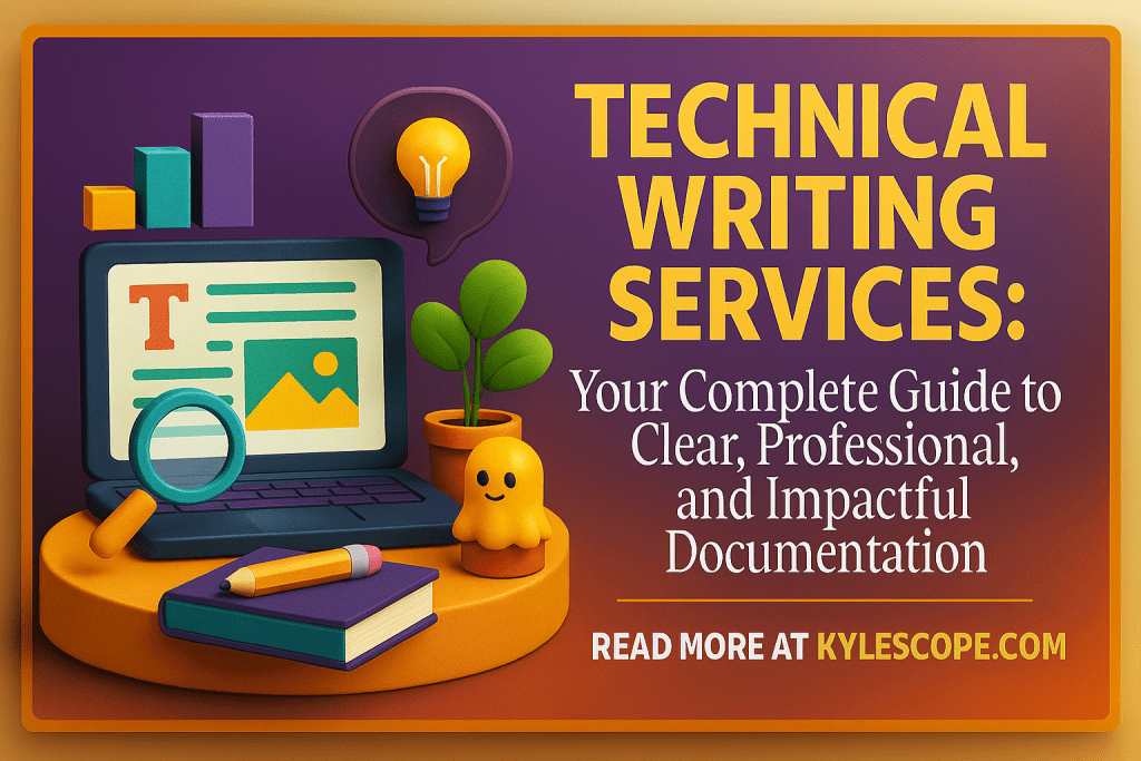3D promotional banner for “Technical Writing Services” featuring a laptop with a document, magnifying glass, bar chart, book, pencil, and glowing lightbulb, highlighting Kylescope.com as a trusted provider of professional technical writing solutions.