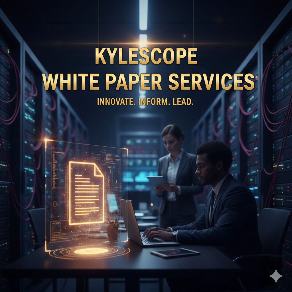 Professional writers creating a high-authority business white paper in a high-tech office environment for Kylescope services.