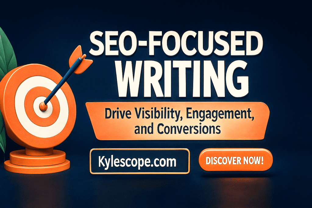 3D promotional banner for SEO-focused writing services by Kylescope.com featuring a target with arrow, bold headline, and call-to-action button.