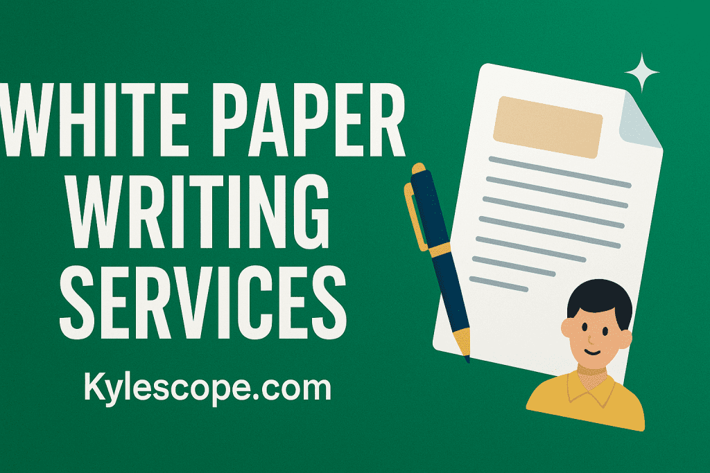 3D banner promoting white paper writing services by Kylescope.com with bold typography, document illustration, and branding on a wide green background.