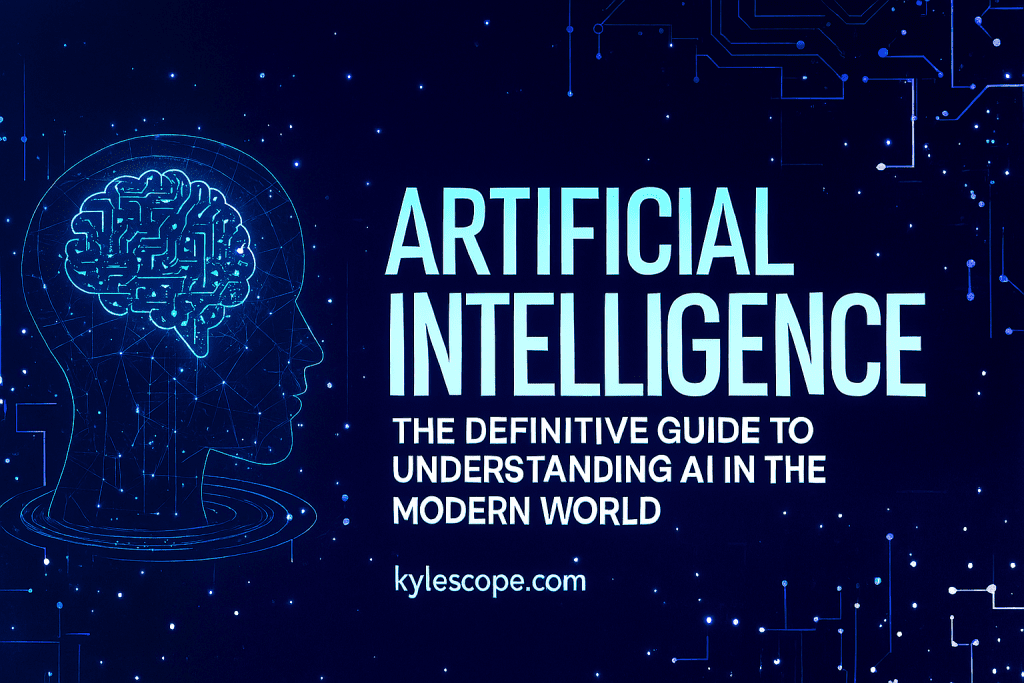 Futuristic banner with neon wireframe human head, glowing circuit brain, and bold cyan title 'Artificial Intelligence: The Definitive Guide to Understanding AI in the Modern World' on a deep blue and purple gradient background with digital circuit patterns.