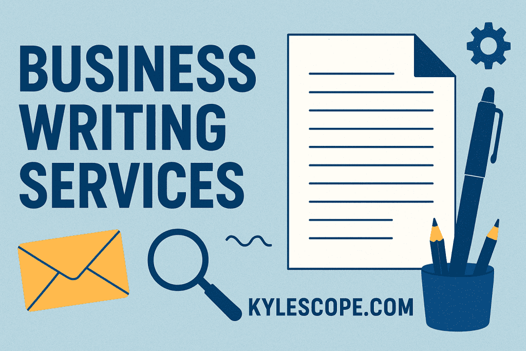 Banner promoting business writing services from Kylescope, featuring bold headline ‘Business Writing Services That Convert,’ icons for growth, clarity, and trust, and a call-to-action button to hire expert writers.