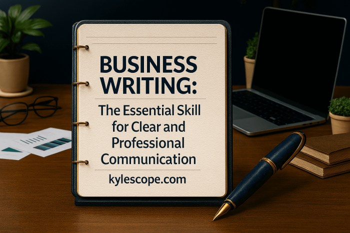 3D banner showing an open notebook with the heading Business Writing: The Essential Skill for Clear and Professional Communication, placed on a wooden desk with a laptop, fountain pen, glasses, and plants, highlighting the importance of business writing for professional communication.