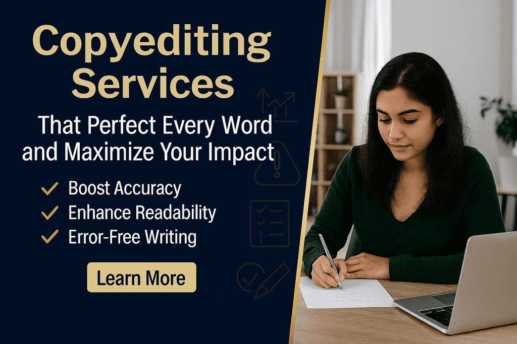 Banner promoting Copyediting Services that perfect every word and maximize your impact, featuring bold headline text, key benefits like accuracy, readability, and error-free writing, alongside a professional editor working at a desk with a laptop and documents.
