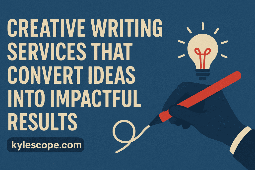 Banner for Kylescope.com featuring the tagline 'Creative Writing Services That Convert Ideas Into Impactful Results' with an illustration of a hand drawing a lightbulb using a red pencil