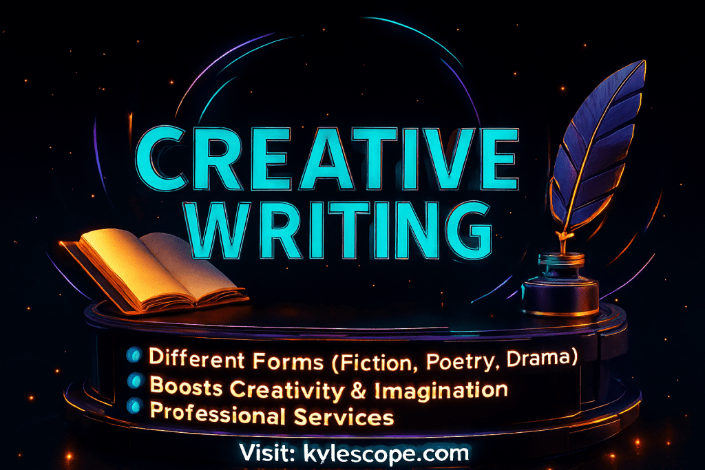 3D futuristic banner showcasing Creative Writing with neon turquoise text, glowing arcs, quill pen, and open book on a metallic platform promoting kylescope.com writing services.