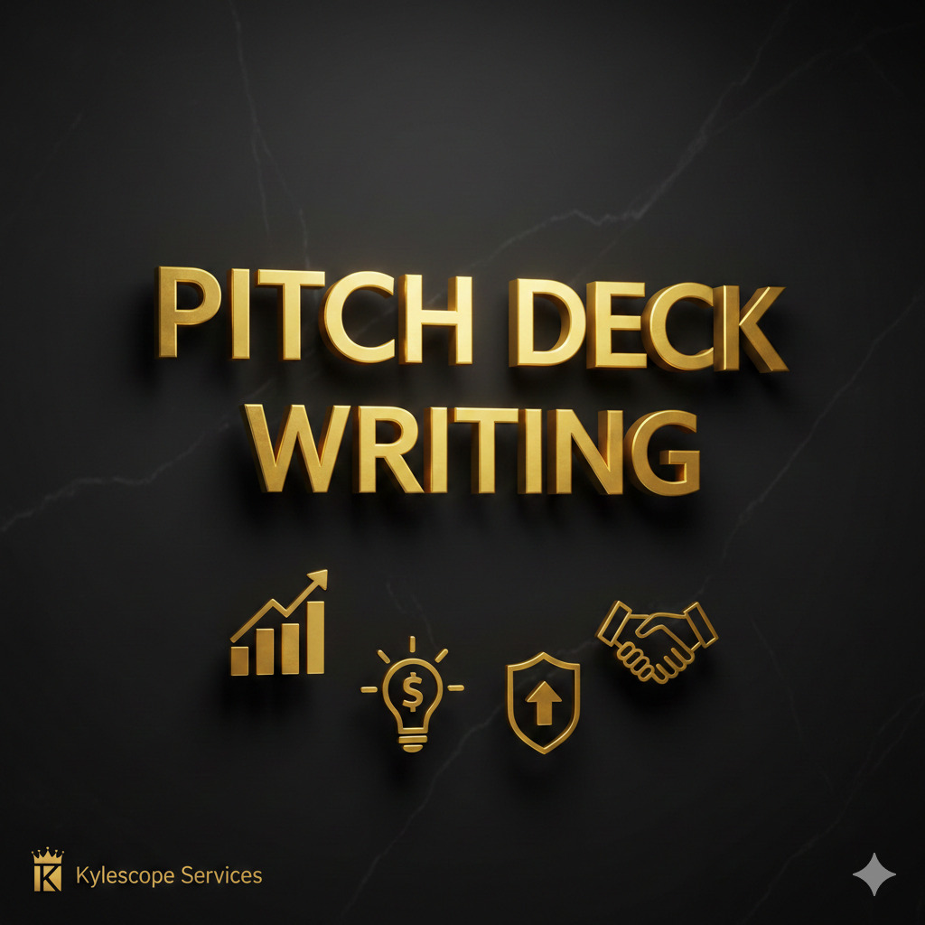 3D golden text reading Pitch Deck Writing on a black marble background with golden financial icons for growth and investment.
