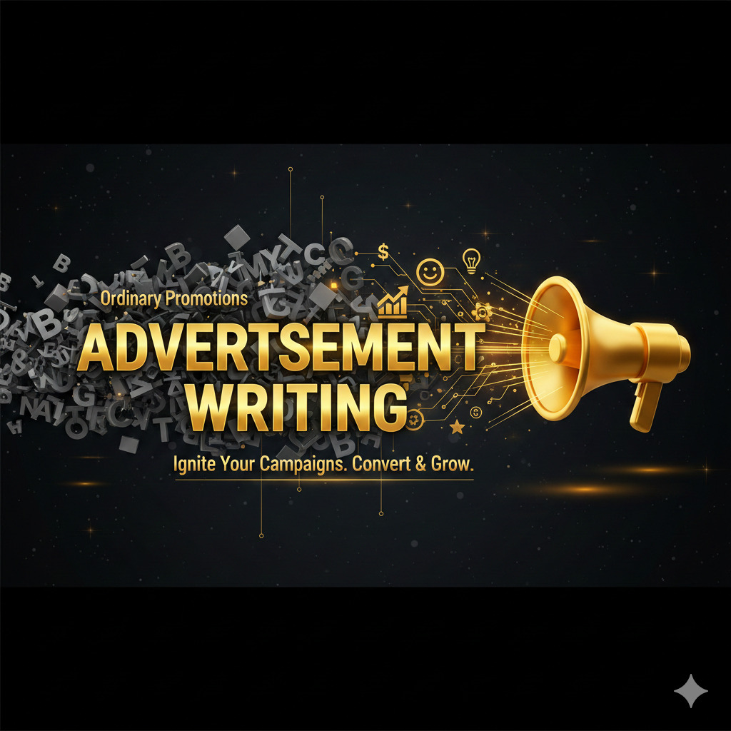 Golden 3D typography of Advertisement Writing with a megaphone transforming ordinary promotions into high-converting campaigns.
