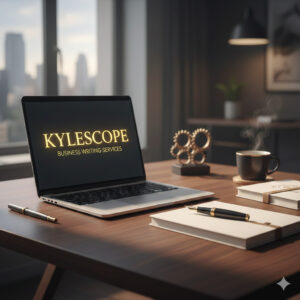 Kylescope premium business writing services displayed on a laptop in a professional office setting with elegant stationery.