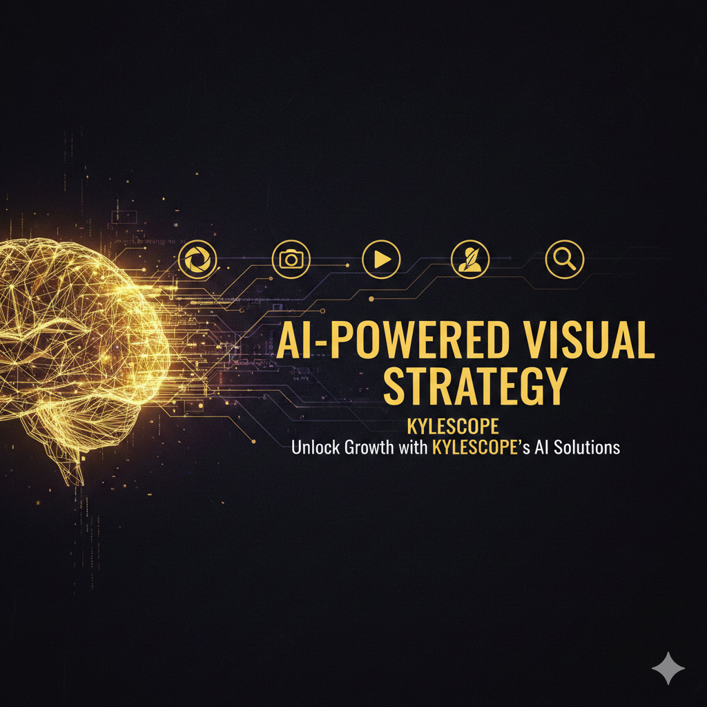 Professional AI-powered visual strategy dashboard by Kylescope featuring digital brain and animation service icons in yellow and gold on black background.