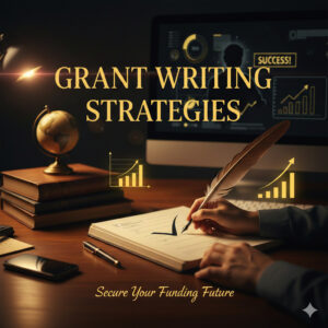 A professional workspace featuring a hand writing with a quill, glowing success charts, and the text Grant Writing Strategies