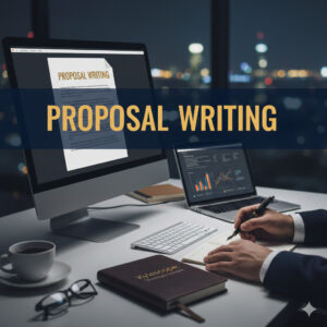 A professional workspace with a computer screen displaying a proposal document titled PROPOSAL WRITING, featuring a Kylescope branded notebook and executive writing tools.