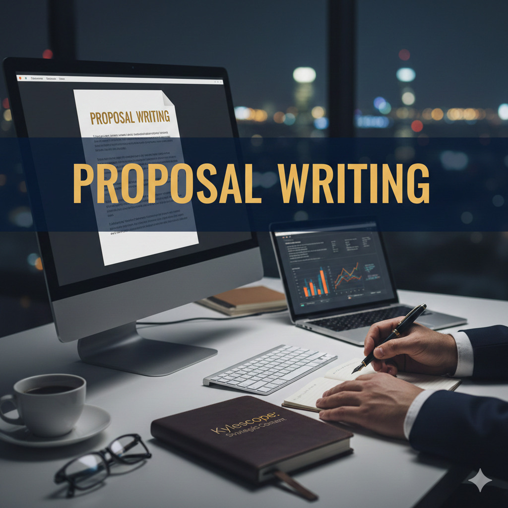 A professional workspace with a computer screen displaying a proposal document titled PROPOSAL WRITING, featuring a Kylescope branded notebook and executive writing tools.