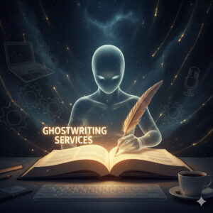 A glowing, translucent figure representing a ghostwriter holding a golden quill over a large open book, featuring the text GHOSTWRITING SERVICES in a dark, professional workspace.