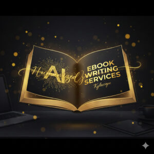Luxury open digital ebook glowing with golden light featuring the text Humanized AI Ebook Writing Services by Kylescope