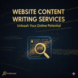 High-quality website content writing services graphic featuring gold text on a dark digital background with Kylescope branding.