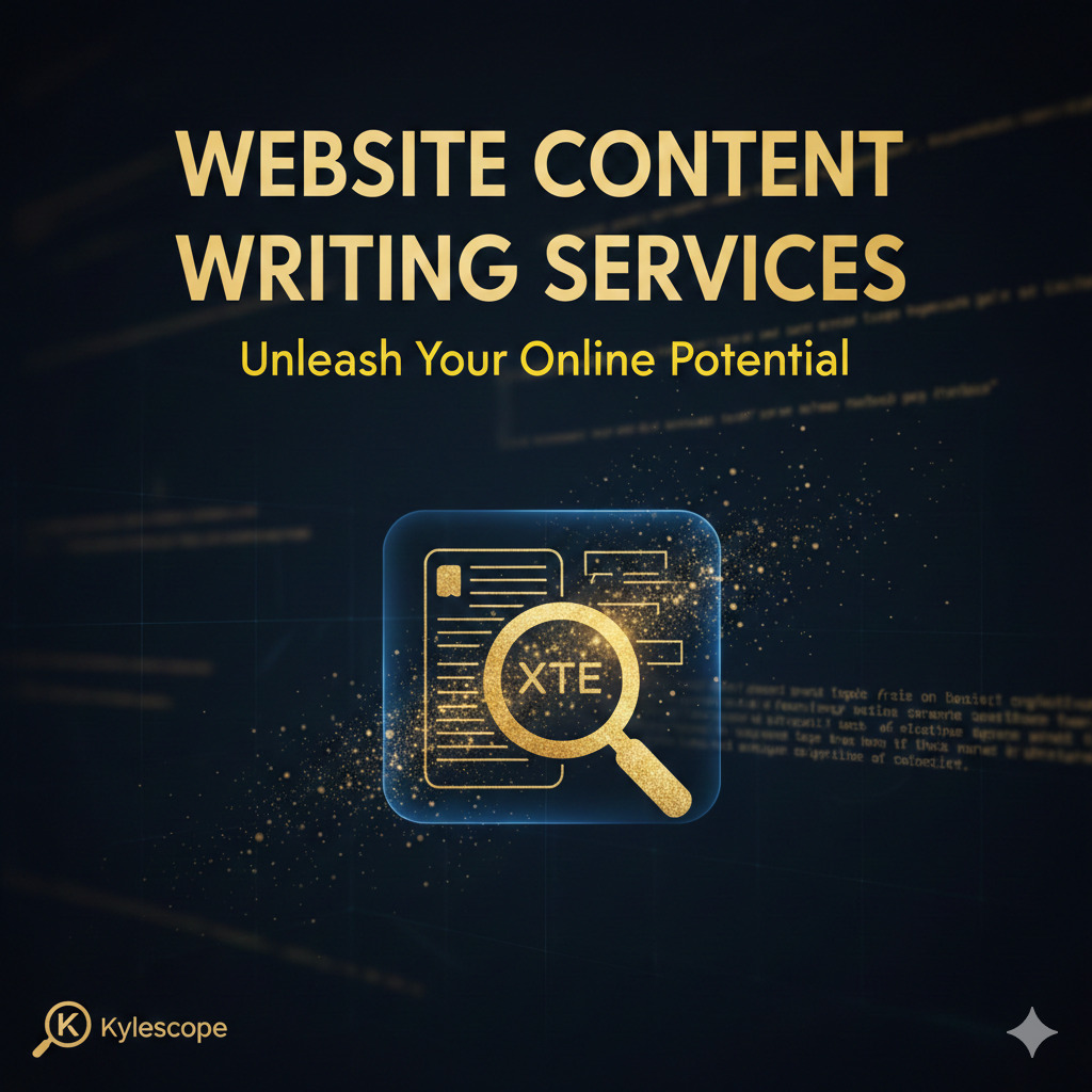 High-quality website content writing services graphic featuring gold text on a dark digital background with Kylescope branding.