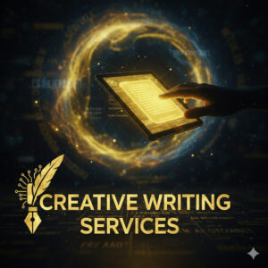 Golden digital feather pen with the text Creative Writing Services on a dark professional background for Kylescope.