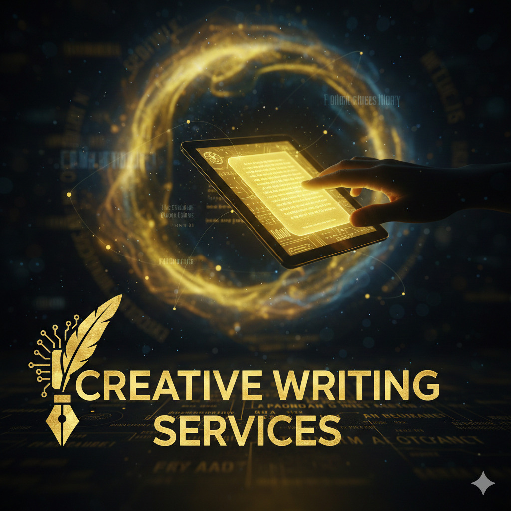 Golden digital feather pen with the text Creative Writing Services on a dark professional background for Kylescope.