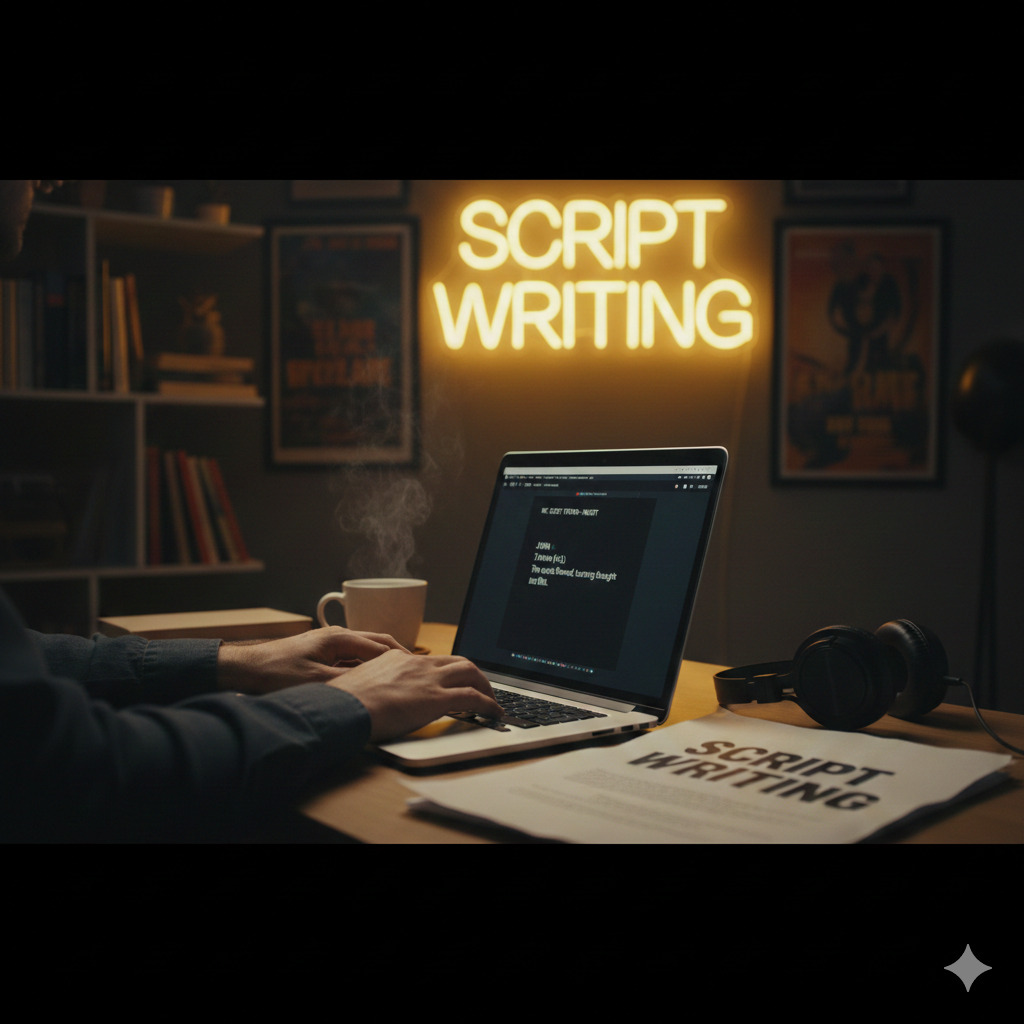 Professional script writing workspace featuring a laptop with script software and a glowing neon Script Writing sign.