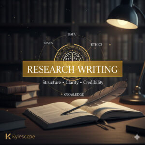 Research Writing guide showing a quill on an open book with gold diagrams for data, ethics, and knowledge.