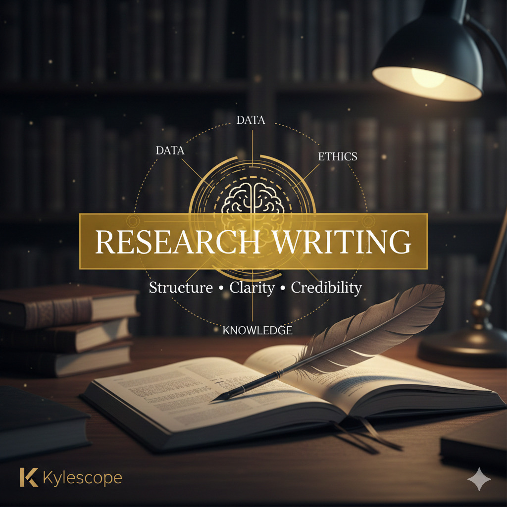 Research Writing guide showing a quill on an open book with gold diagrams for data, ethics, and knowledge.