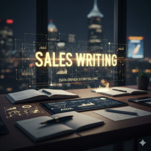 Professional sales writing and AIDA marketing strategy on a digital tablet in a modern office