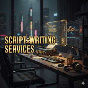 A cinematic desk setup featuring a vintage typewriter and modern dual monitors with the text Script Writing Services in bold gold lettering.