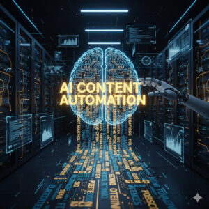 A glowing digital brain in a server room environment representing AI Content Automation and scalable digital marketing solutions.