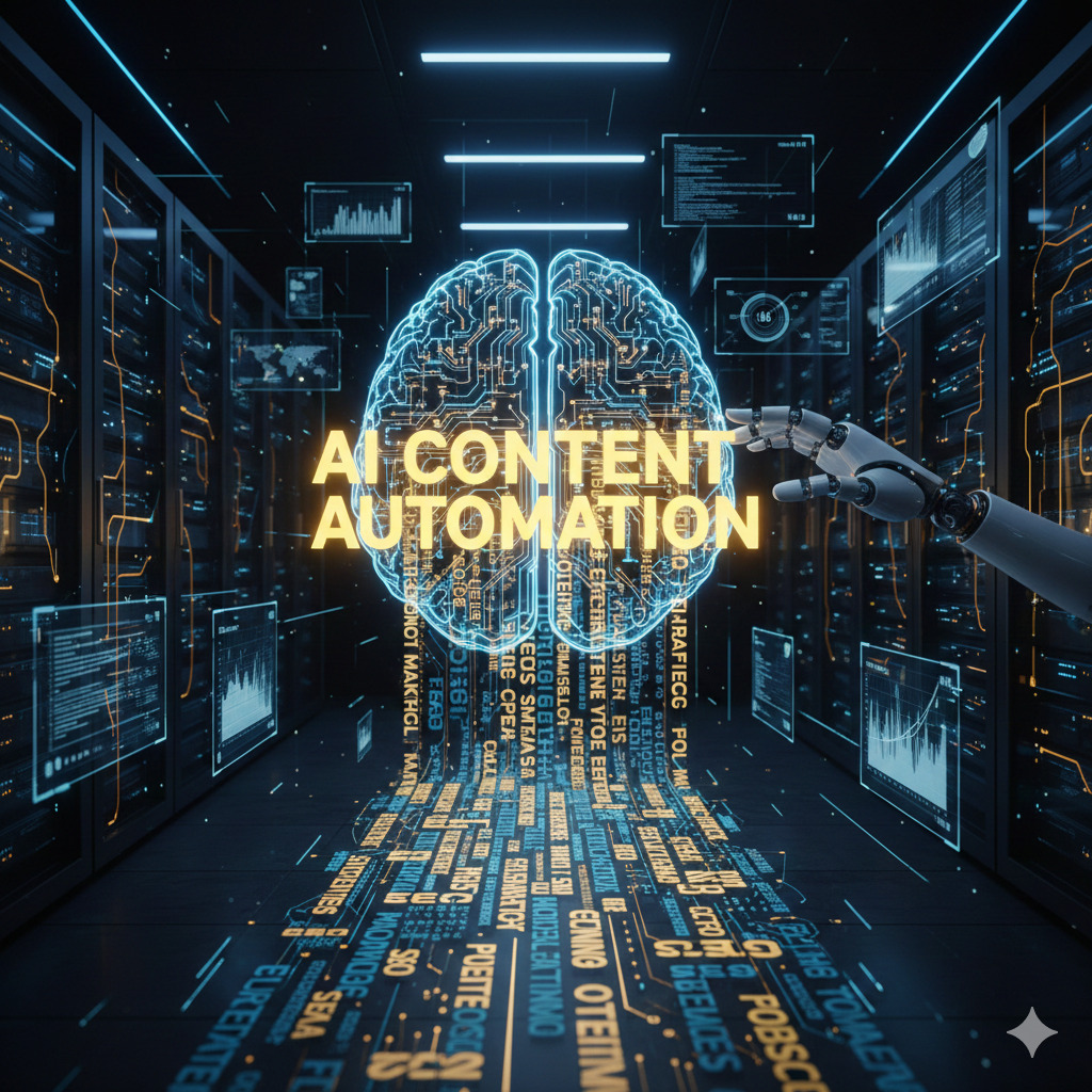 A glowing digital brain in a server room environment representing AI Content Automation and scalable digital marketing solutions.