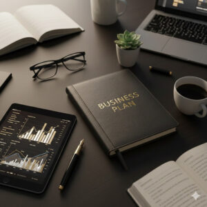 A premium leather-bound business plan notebook with gold lettering on a modern desk with financial data tablets.
