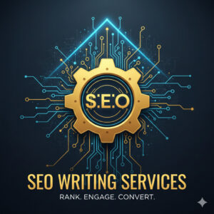 A golden gear with SEO text centered on a dark digital circuit background representing professional SEO writing services.