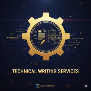 Golden gear icon with a document and digital brain symbolizing professional technical writing services.