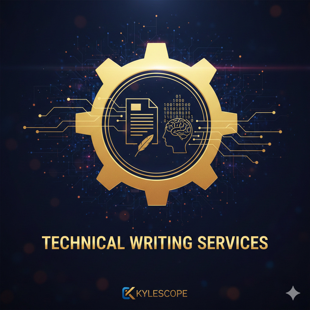 Golden gear icon with a document and digital brain symbolizing professional technical writing services.