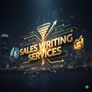 Premium Sales Writing Services featuring golden 3D text with a conversion funnel and data growth icons on a dark background.