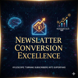 A digital graphic showing an email envelope with a rising profit arrow, a human brain icon, and an ROI growth chart, titled Newsletter Conversion Excellence.