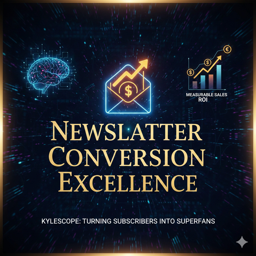 A digital graphic showing an email envelope with a rising profit arrow, a human brain icon, and an ROI growth chart, titled Newsletter Conversion Excellence.
