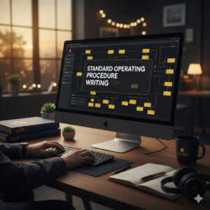 A professional workspace featuring a computer screen displaying a complex workflow diagram for Standard Operating Procedure Writing, with Kylescope branding and SOP manuals on the desk.