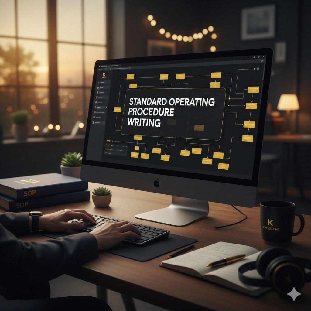 A professional workspace featuring a computer screen displaying a complex workflow diagram for Standard Operating Procedure Writing, with Kylescope branding and SOP manuals on the desk.