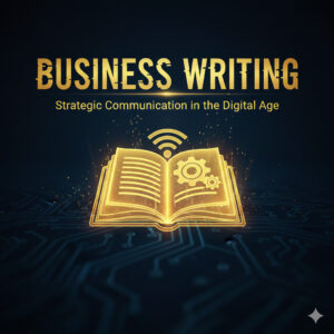 Glowing golden digital book icon representing professional business writing and strategic communication services.