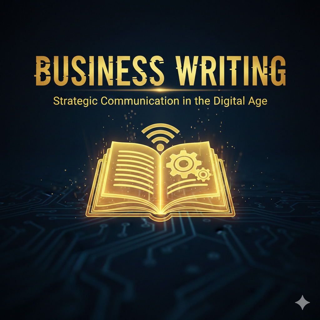 Glowing golden digital book icon representing professional business writing and strategic communication services.