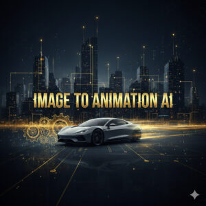 Futuristic city skyline with a sleek sports car and golden digital circuits featuring the text Image to Animation AI