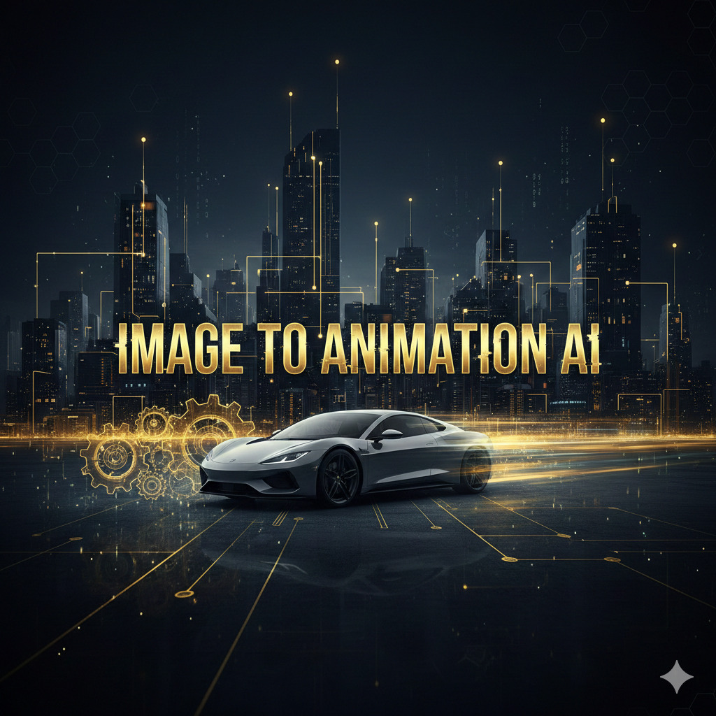 Futuristic city skyline with a sleek sports car and golden digital circuits featuring the text Image to Animation AI