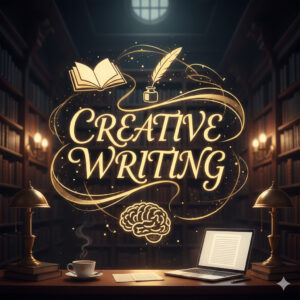 Professional creative writing concept featuring a glowing golden 'Creative Writing' text over a classic library desk with a laptop and quill.