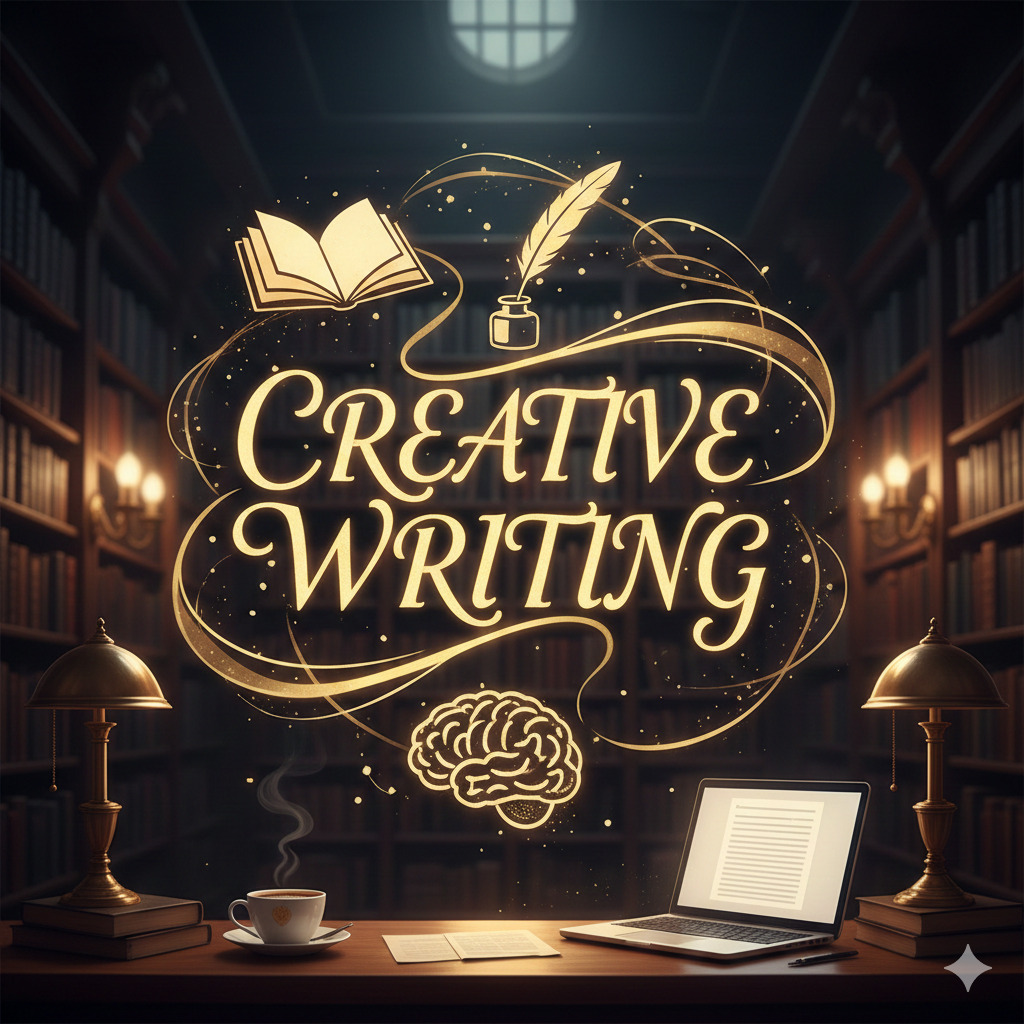 Professional creative writing concept featuring a glowing golden 'Creative Writing' text over a classic library desk with a laptop and quill.