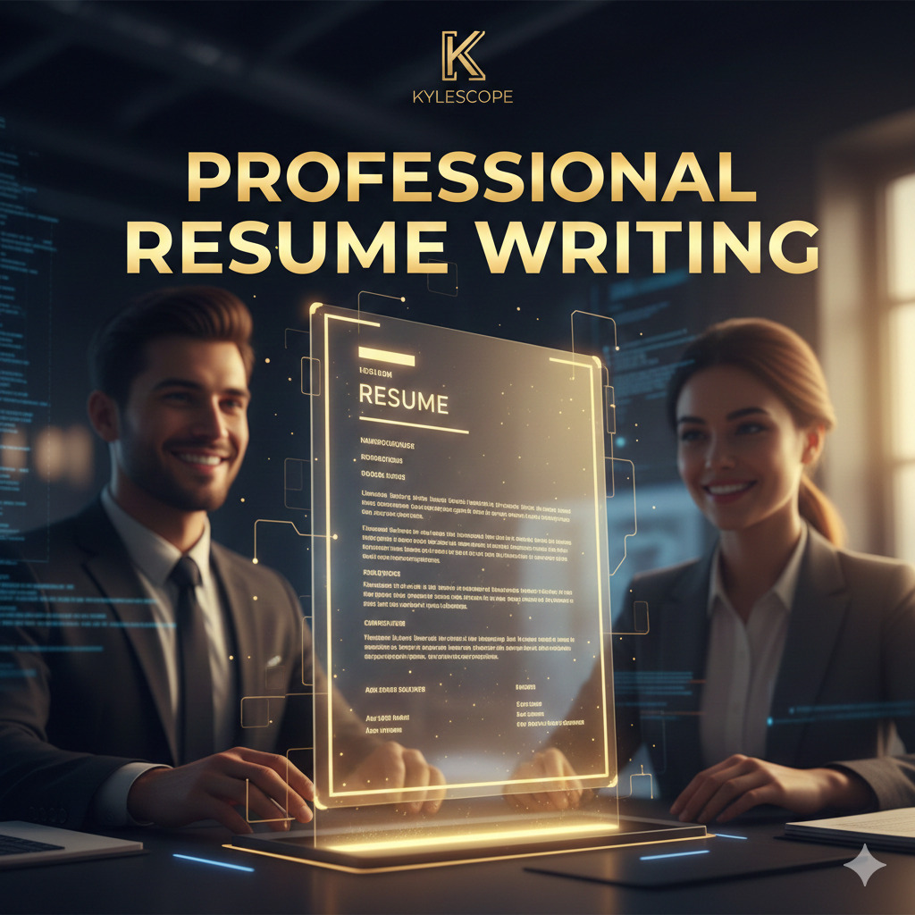 Two professionals in a dark, high-tech office looking at a glowing digital resume screen with the text PROFESSIONAL RESUME WRITING.