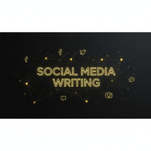 Professional social media writing typography in gold on a dark digital background with social icons.